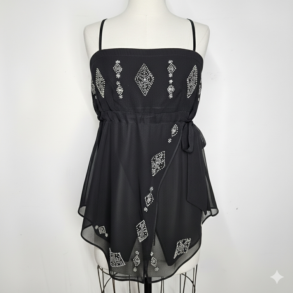 Motherhood Size M Blouse Black Beaded Chiffon Drawstring Strapless Elastic